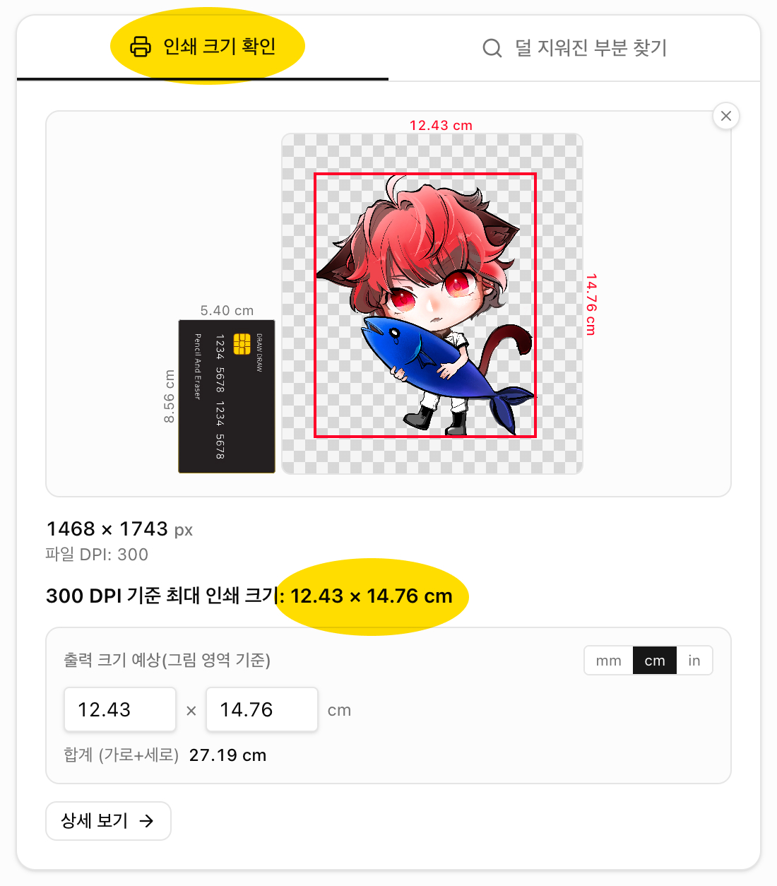 신용카드 비교를 활용한 300 DPI 기준 인쇄 크기 확인