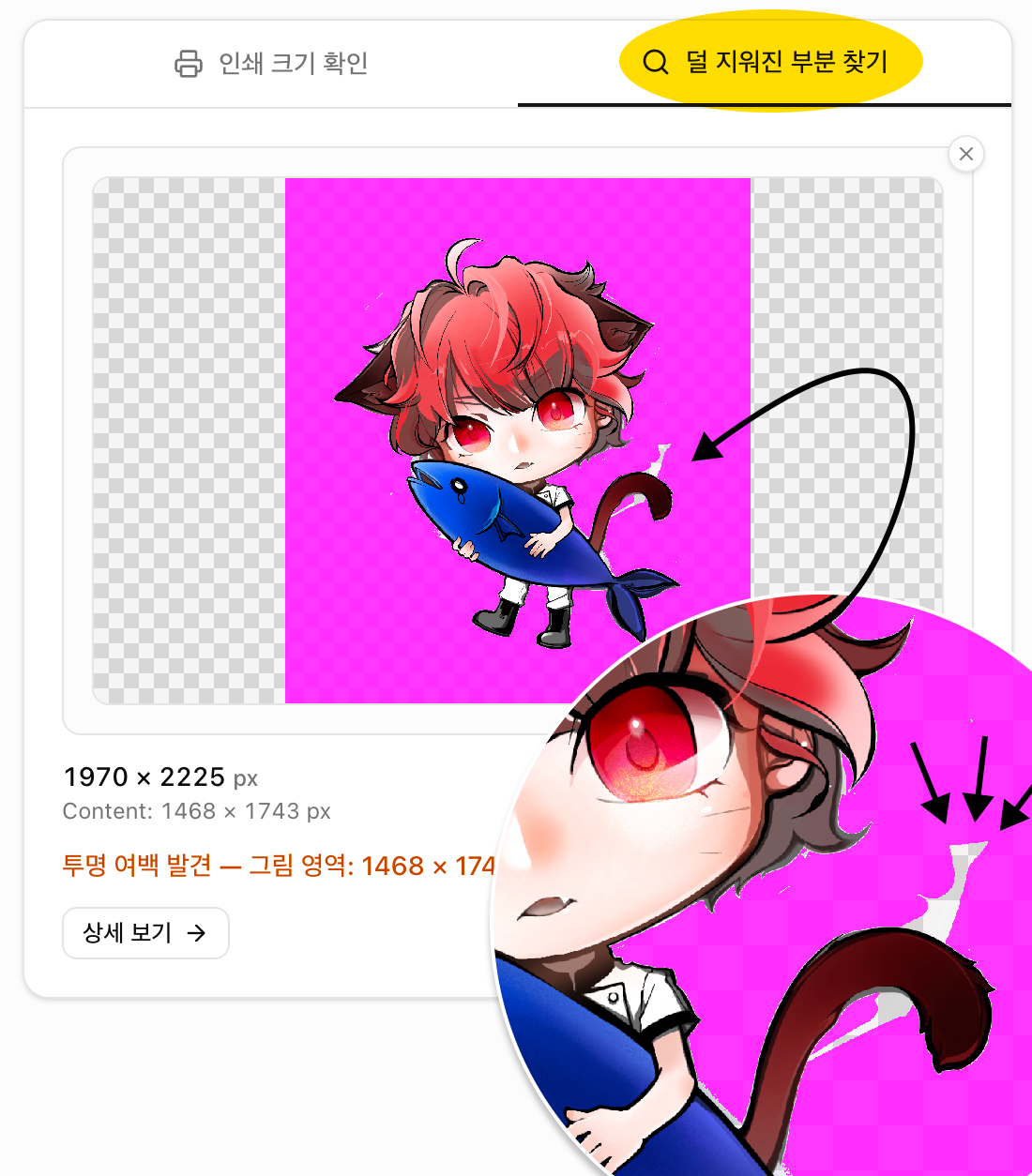 마젠타 하이라이트와 확대 기능을 통한 투명 영역 감지